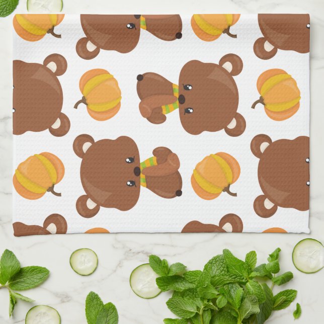 Pattern Of Bears, Cute Bears, Fall, Pumpkins Kitchen Towel (Folded)