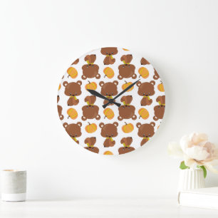 Pattern Of Bears, Cute Bears, Fall, Pumpkins Large Clock