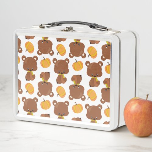 Pattern Of Bears Cute Bears Fall Pumpkins Metal Lunch Box
