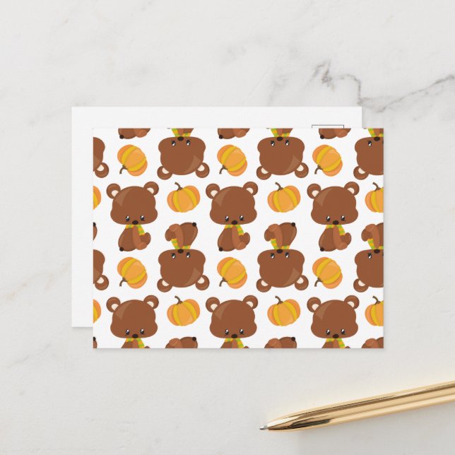 Pattern Of Bears, Cute Bears, Fall, Pumpkins Postcard (Front/Back In Situ)