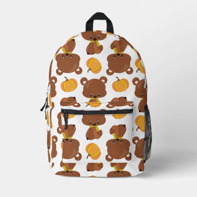 Pattern Of Bears, Cute Bears, Fall, Pumpkins Printed Backpack (Front)