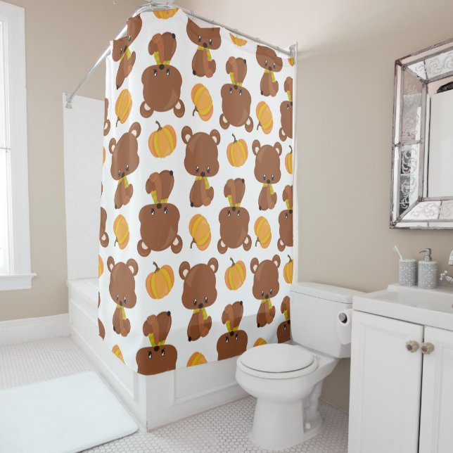 Pattern Of Bears, Cute Bears, Fall, Pumpkins Shower Curtain (In Situ)