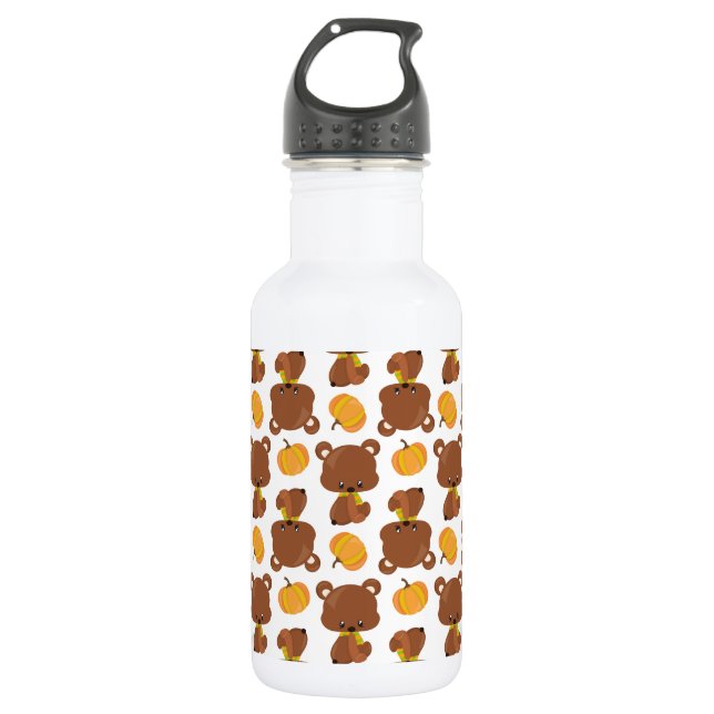 Pattern Of Bears, Cute Bears, Fall, Pumpkins Stainless Steel Water Bottle (Front)