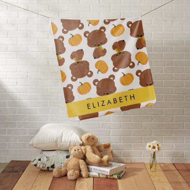 Pattern Of Bears, Cute Bears, Pumpkin, Your Name Baby Blanket (In Situ)