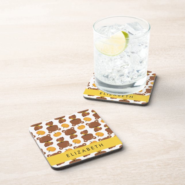 Pattern Of Bears, Cute Bears, Pumpkin, Your Name Beverage Coaster (Right Side)