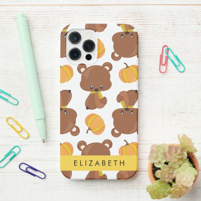 Pattern Of Bears, Cute Bears, Pumpkin, Your Name iPhone Case (On Desk)