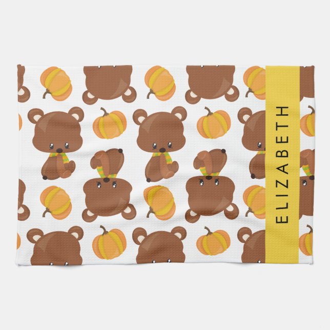Pattern Of Bears, Cute Bears, Pumpkin, Your Name Kitchen Towel (Horizontal)