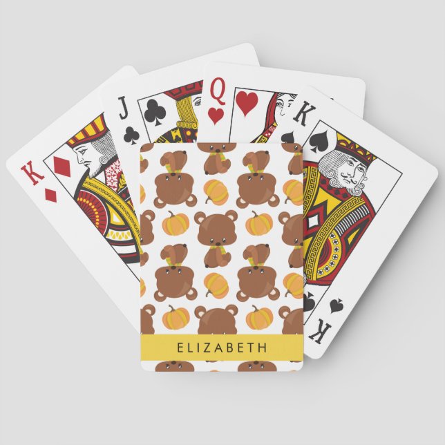 Pattern Of Bears, Cute Bears, Pumpkin, Your Name Poker Cards (Back)
