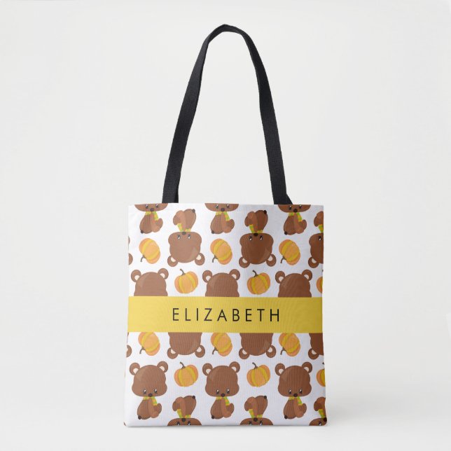 Pattern Of Bears, Cute Bears, Pumpkin, Your Name Tote Bag (Front)