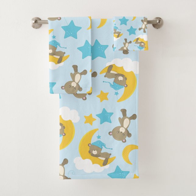 Pattern Of Bears, Cute Bears, Teddy Bears, Stars Bath Towel Set (Insitu)
