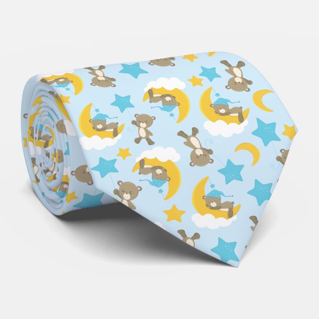 Pattern Of Bears, Cute Bears, Teddy Bears, Stars Neck Tie (Rolled)