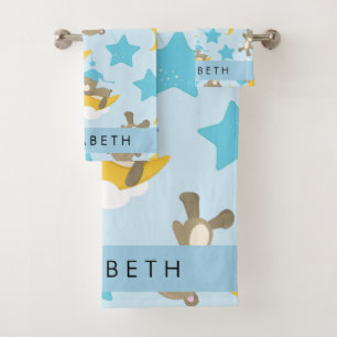 Pattern Of Bears, Teddy Bears, Stars, Your Name Bath Towel Set
