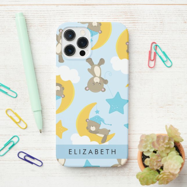 Pattern Of Bears, Teddy Bears, Stars, Your Name iPhone Case (On Desk)