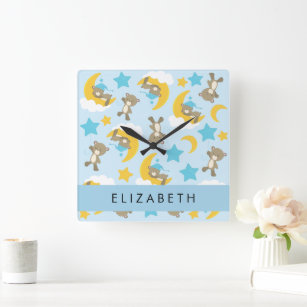 Pattern Of Bears, Teddy Bears, Stars, Your Name Square Wall Clock