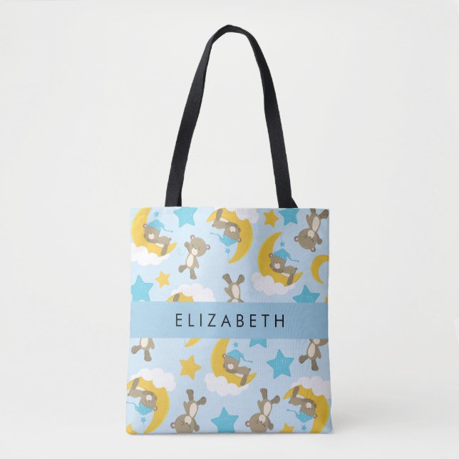 Pattern Of Bears, Teddy Bears, Stars, Your Name Tote Bag (Front)