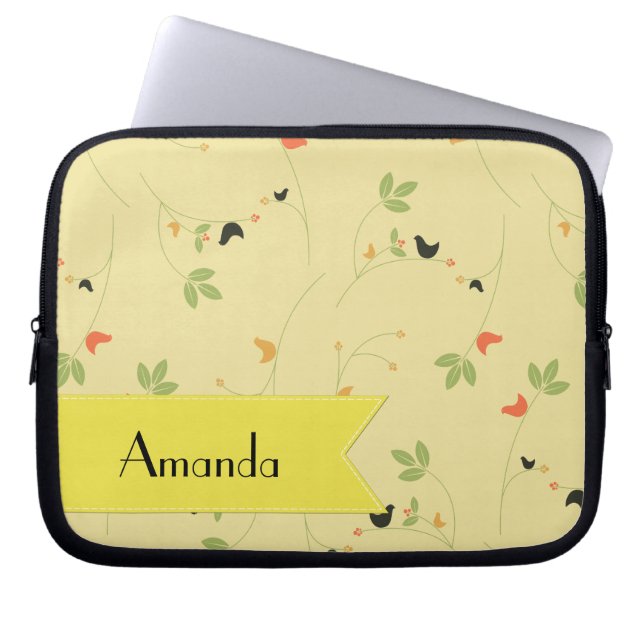 Pattern Of Birds, Leaves, Berries, Your Name Laptop Sleeve (Front)