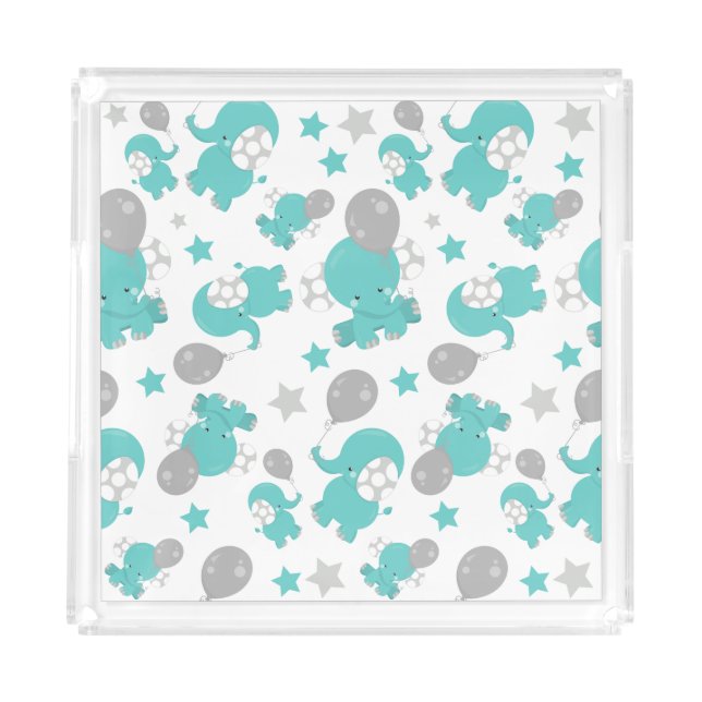 Pattern Of Blue Elephants, Cute Elephants, Stars Acrylic Tray (Front)