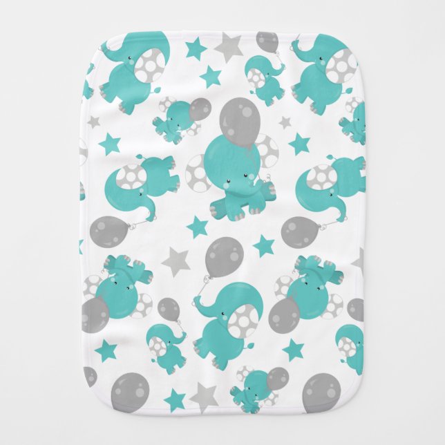 Pattern Of Blue Elephants, Cute Elephants, Stars Baby Burp Cloth (Front)
