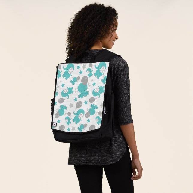 Pattern Of Blue Elephants, Cute Elephants, Stars Backpack (Worn)
