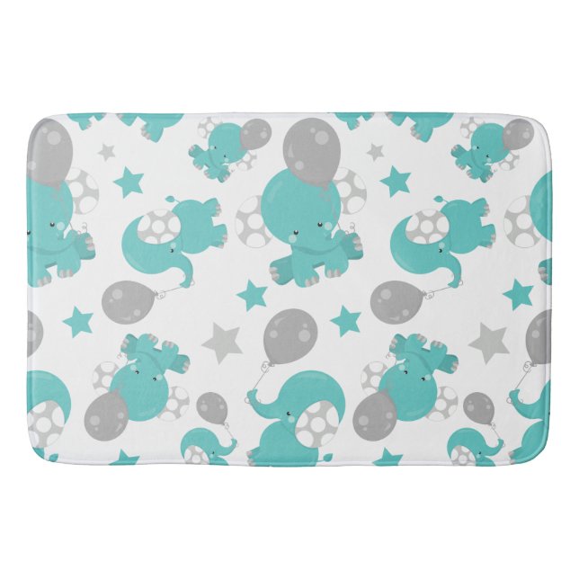 Pattern Of Blue Elephants, Cute Elephants, Stars Bath Mat (Front)