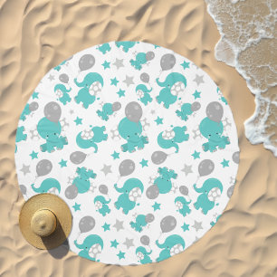 Pattern Of Blue Elephants, Cute Elephants, Stars Beach Towel