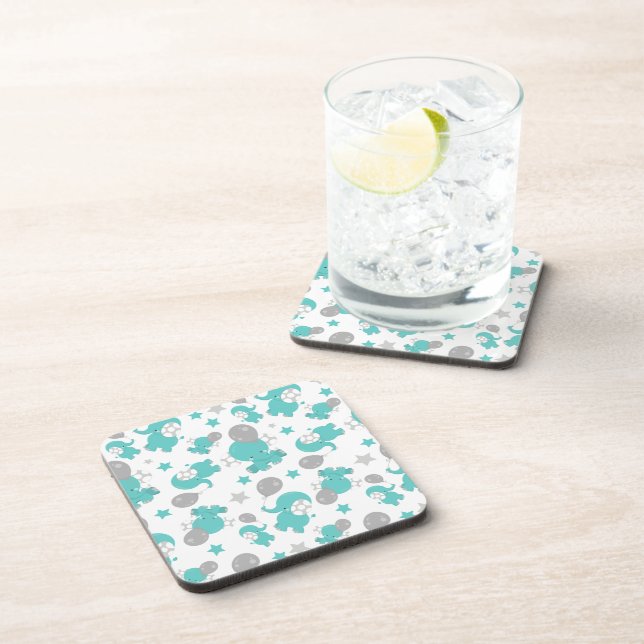 Pattern Of Blue Elephants, Cute Elephants, Stars Beverage Coaster (Right Side)