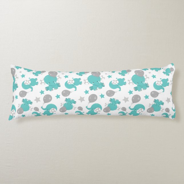 Pattern Of Blue Elephants, Cute Elephants, Stars Body Pillow (Front)