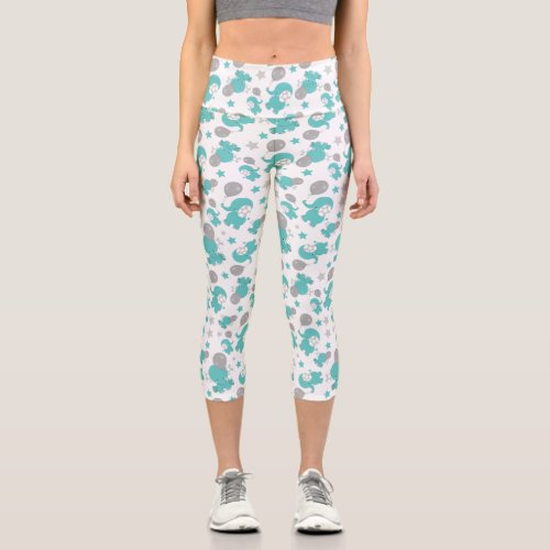 Pattern Of Blue Elephants Cute Elephants Stars Capri Leggings