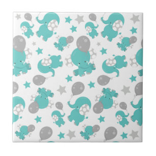 Pattern Of Blue Elephants, Cute Elephants, Stars Ceramic Tile