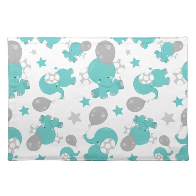 Pattern Of Blue Elephants, Cute Elephants, Stars Cloth Placemat (Front)