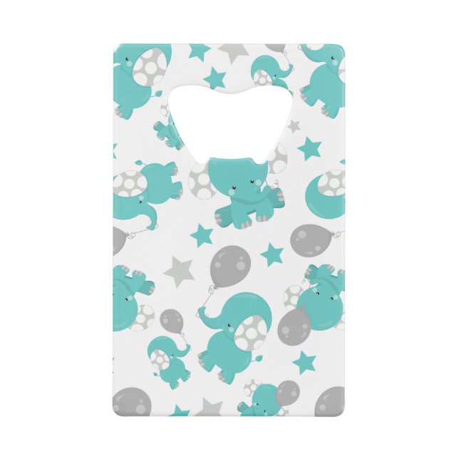 Pattern Of Blue Elephants, Cute Elephants, Stars Credit Card Bottle Opener (Front)