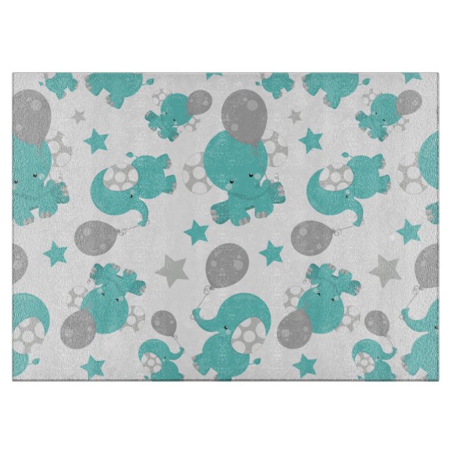 Pattern Of Blue Elephants, Cute Elephants, Stars Cutting Board (Front)
