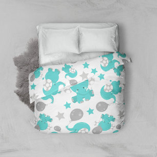 Pattern Of Blue Elephants, Cute Elephants, Stars Duvet Cover