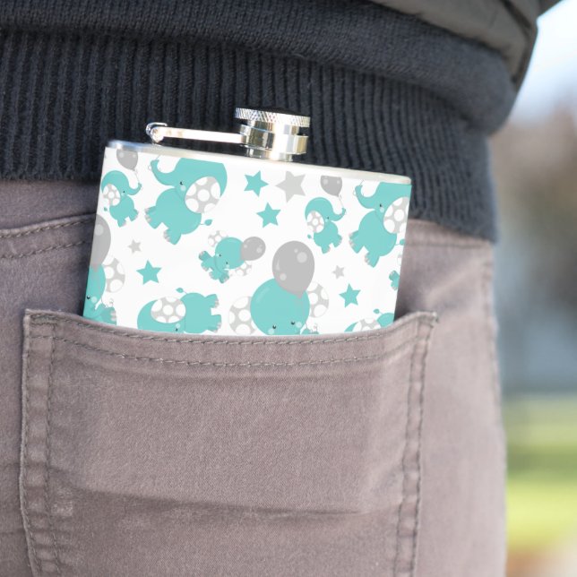 Pattern Of Blue Elephants, Cute Elephants, Stars Flask (In Situ)