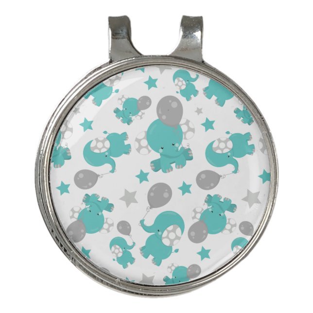 Pattern Of Blue Elephants, Cute Elephants, Stars Golf Hat Clip (Front)
