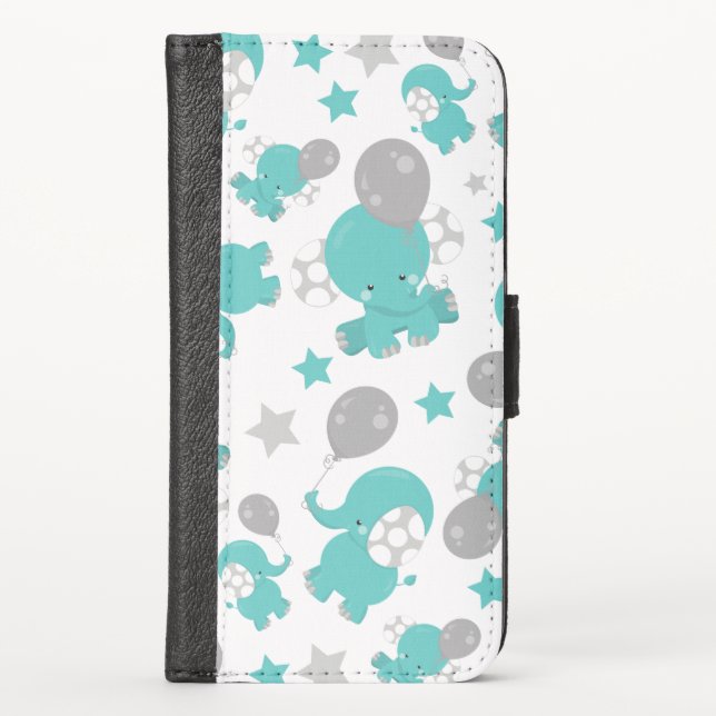 Pattern Of Blue Elephants, Cute Elephants, Stars iPhone Wallet Case (Front)