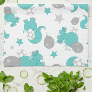 Pattern Of Blue Elephants, Cute Elephants, Stars Kitchen Towel