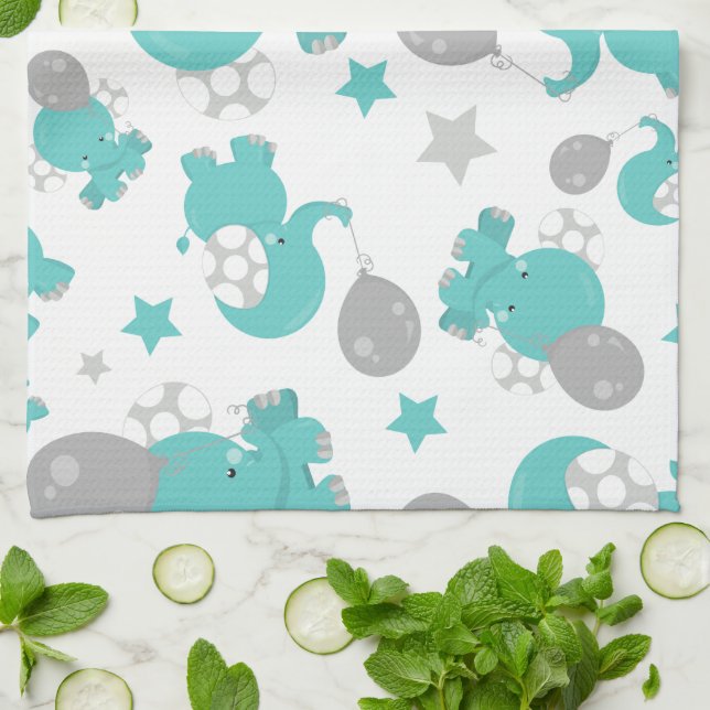 Pattern Of Blue Elephants, Cute Elephants, Stars Kitchen Towel (Folded)