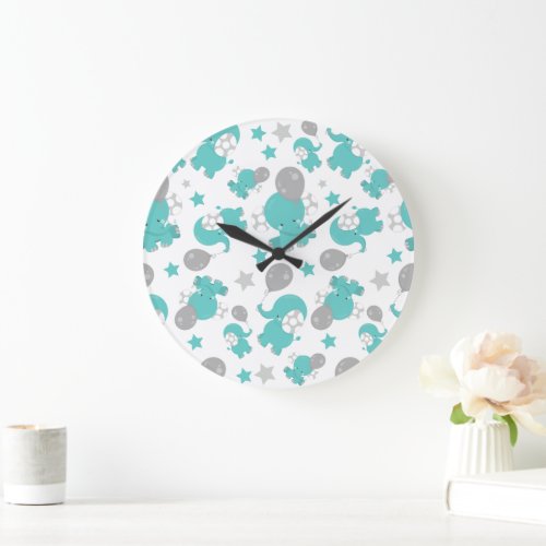 Pattern Of Blue Elephants Cute Elephants Stars Large Clock