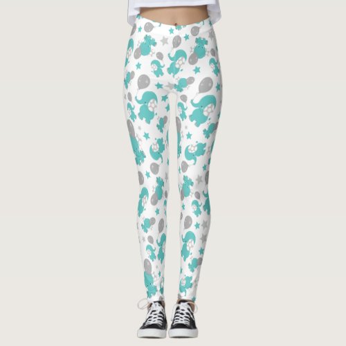 Pattern Of Blue Elephants Cute Elephants Stars Leggings