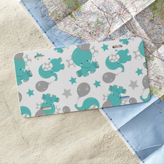 Pattern Of Blue Elephants, Cute Elephants, Stars License Plate (In Situ)