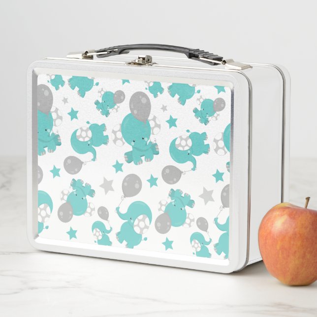 Pattern Of Blue Elephants, Cute Elephants, Stars Metal Lunch Box (In Situ)