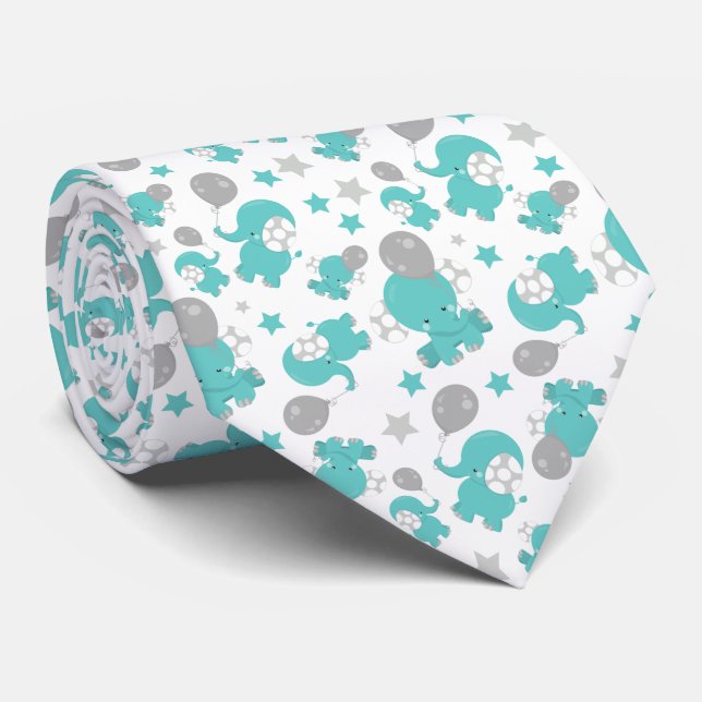 Pattern Of Blue Elephants, Cute Elephants, Stars Neck Tie (Rolled)
