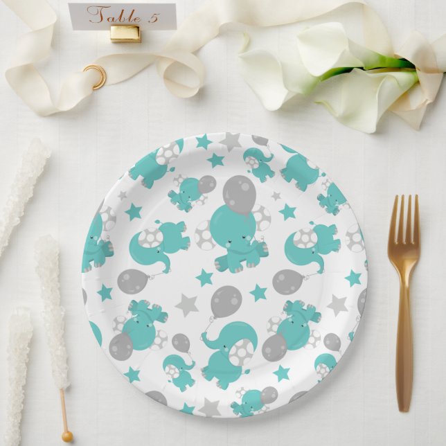 Pattern Of Blue Elephants, Cute Elephants, Stars Paper Plates (Wedding)