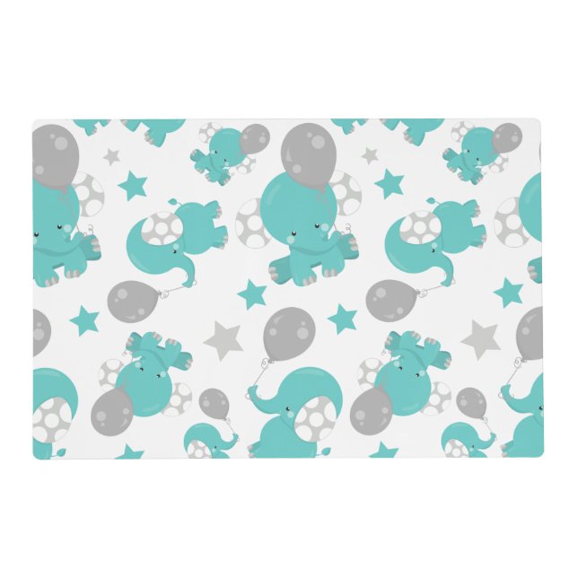 Pattern Of Blue Elephants, Cute Elephants, Stars Placemat (Front)