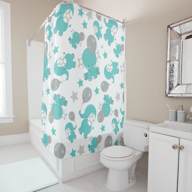 Pattern Of Blue Elephants, Cute Elephants, Stars Shower Curtain (In Situ)