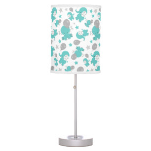 Pattern Of Blue Elephants, Cute Elephants, Stars Table Lamp