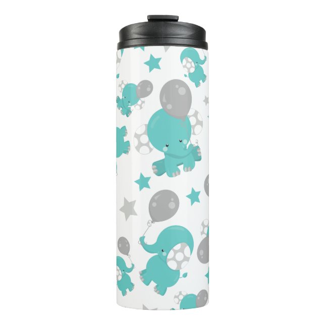 Pattern Of Blue Elephants, Cute Elephants, Stars Thermal Tumbler (Front)