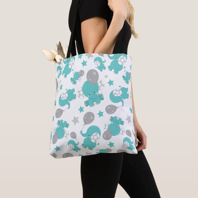 Pattern Of Blue Elephants, Cute Elephants, Stars Tote Bag (Close Up)