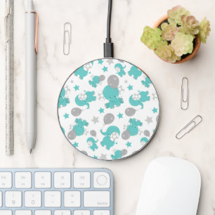 Pattern Of Blue Elephants, Cute Elephants, Stars Wireless Charger